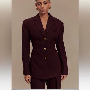 Meshki Bellamy Cinched Blazer with Gold Buttons. Burgandy Mahogony